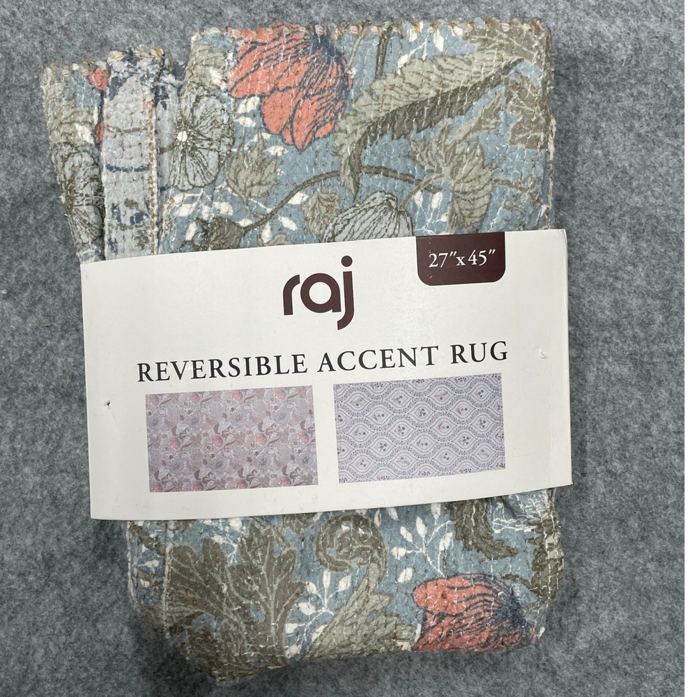 Raj Reversible Accent Rug Unisex 27"x45" Blue NEW Floral Geometric Jute Cotton